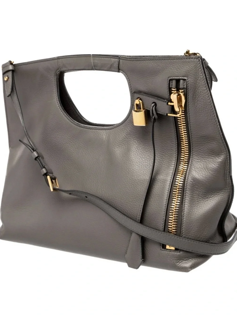Gray Leather Tote with Gold Hardware - Sleek Women's Shoulder Bag